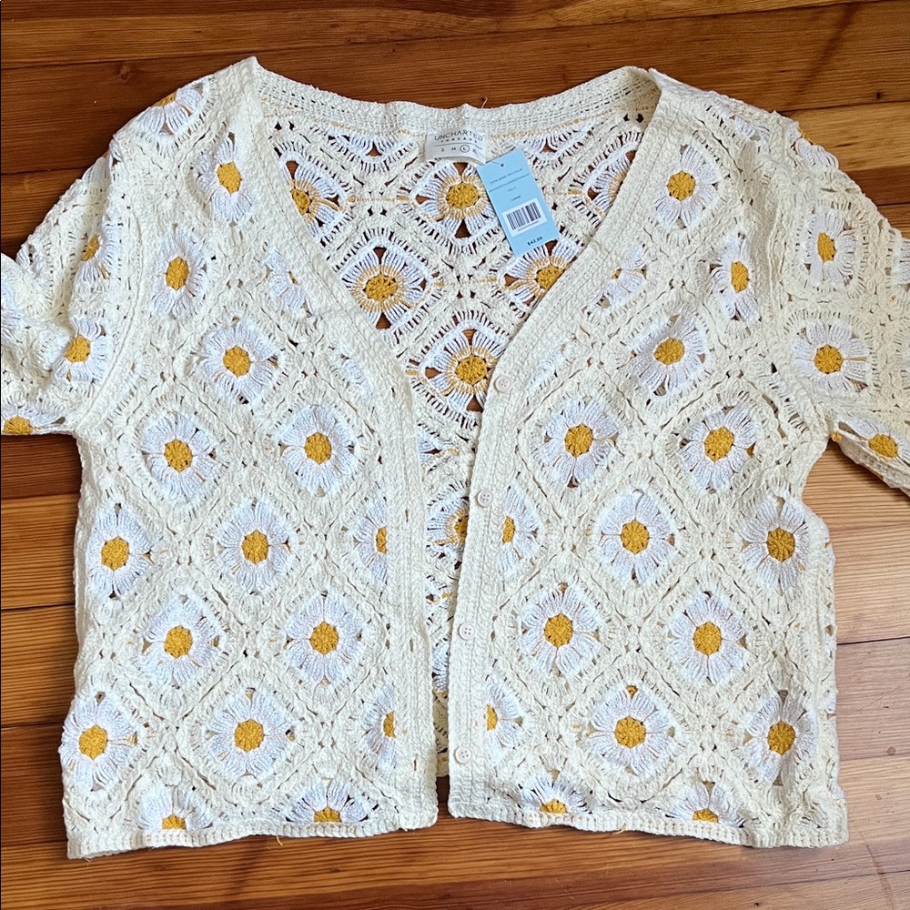NWT Uncharted Threads Daisy Floral Cream and Yellow Crochet Cardigan - Picture 5 of 9